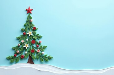 Delicate beautiful holiday tree made of paper using quilling technique on a light blue background, free space for text