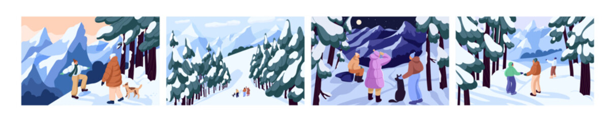 People are in snow forest set. Family, couple, friends walk in winter woodland together. Men and women hiking at mountain a wintertime. Frost landscapes with snowy trees. Flat vector illustrations