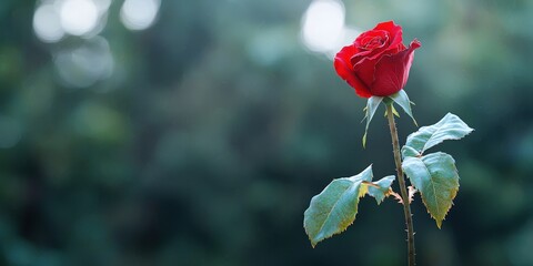 Single Red Rose with Green Leaves Against Blurred Background