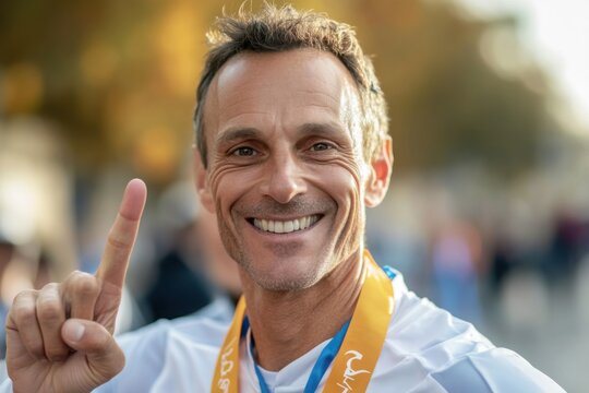 Smiling marathon champion proudly displaying medal, exuding joy and accomplishment after a hard-fought victory, showcasing athletic prowess and determination