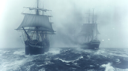 Fototapeta premium Historic Russian and American Ships Passing 