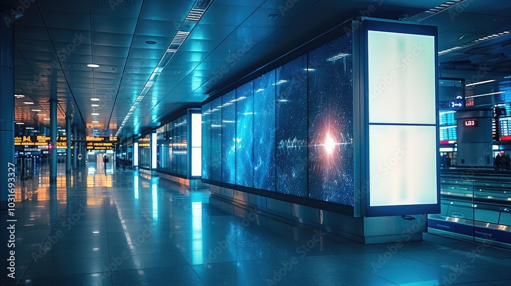 Poster night time environment at airport large display with ad for technology company.
