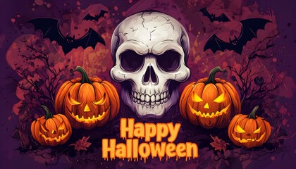 Spooky Halloween Scene with Skull and Pumpkins, Gothic Art Style, Halloween Decor