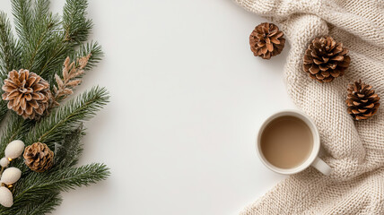 Cozy winter scene featuring cup of coffee, pinecones, and evergreen branches, perfect for holiday vibes and relaxation