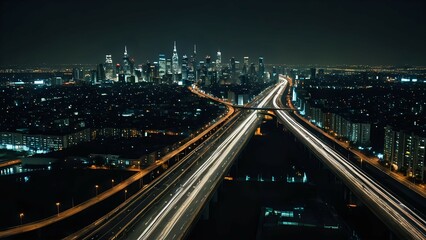 Obraz premium Urban highway with vehicle light trails at night facing skyscrapers, seamless looping 4K video background