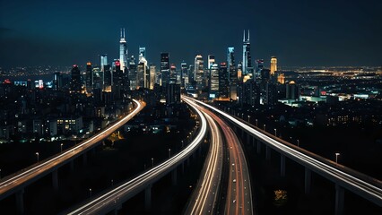 Urban highway with vehicle light trails at night facing skyscrapers, seamless looping 4K video background"