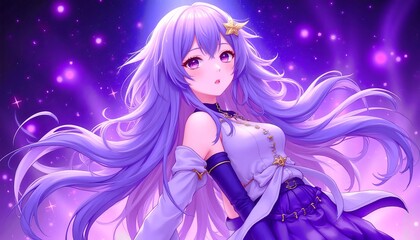 Enchanting anime girl with long purple hair and star accessories in a cosmic background
