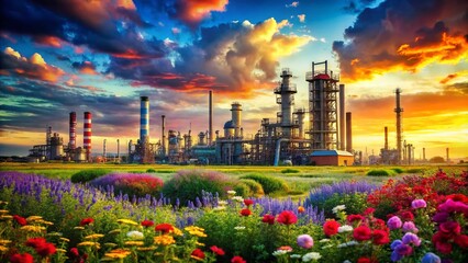 Obraz premium Surreal Oil Refinery in Vibrant Green Landscape - Dreamlike Industrial Scene