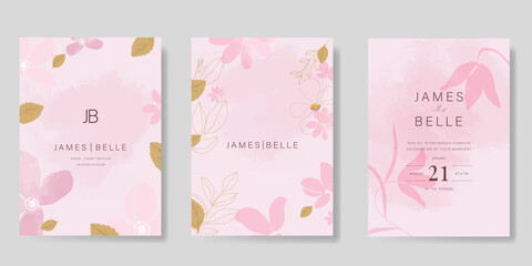 sweet elegant pink botanical Wedding Invitation, floral invite thank you, rsvp modern card Design in leaf and flower water color texture decorative Vector elegant rustic template
