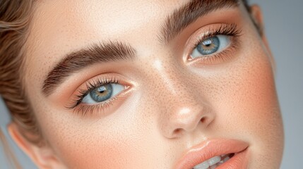 Obraz premium Close Up of Woman s Blue Eyes with Makeup and Freckles
