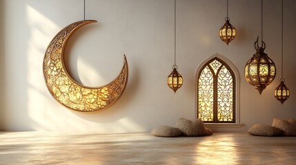 Ramadan Kareem card featuring 3D crescent moon Arabic lanterns Islamic window patterns set against a clean soft gold and white background space for text on the right