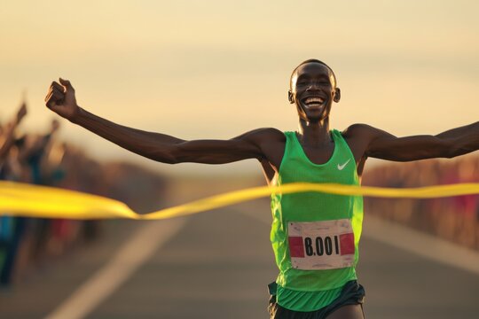 Marathon Finish Celebration, a determined runner triumphantly crossing the finish line, surrounded by cheering spectators and vibrant banners.