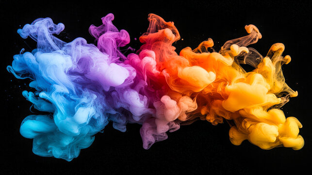 A multicolored smoke plume, shimmering with all the colors of the rainbow. A swirling cloud of exploding watercolor ink. A stylish element for the design. A die for the text