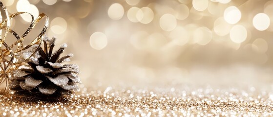  A pine cone atop a table against a gold, glittery backdrop, featuring another pine cone