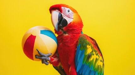 A colorful parrot holding a beach ball against a bright yellow background.