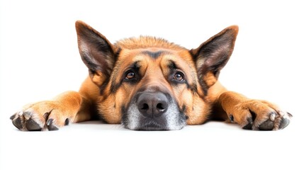 A close-up of a German Shepherd dog resting on a white surface.