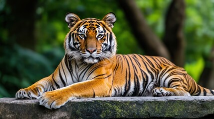 A majestic tiger lounging on a stone surface in a lush green environment.