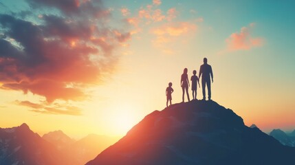 Fototapeta premium A silhouette of a family standing on a mountain peak during a vibrant sunset.