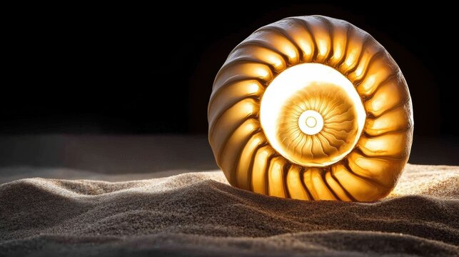 Golden nautilus shell illuminated from within, resting on soft sand, AI