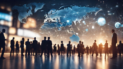 Fototapeta premium International business partnership. Business people standing silhouette on world map background, Global business concept. Global business concept, generative ai.