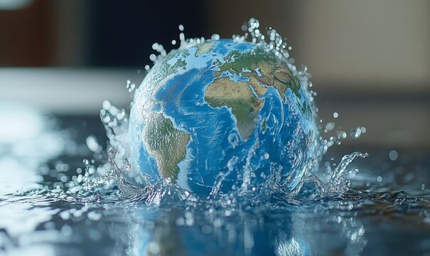 Water droplets forming the shape of continents on a globe, emphasizing the interconnectedness of water resources worldwide, Global water awareness, Generative AI