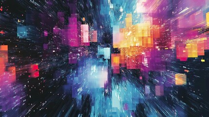 Abstract Digital Art with Pixelated Blocks and Neon Hues