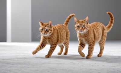 Two adorable orange cats stand closely together on a white surface