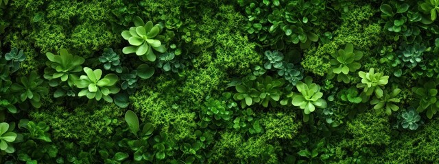 A vibrant green wall of various succulent plants and foliage.