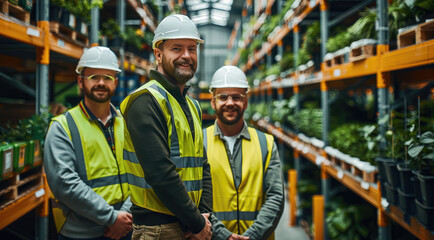Four happy male workers in yellow safety vest and white helmets are standing inside the warehouse in front of a green forklift, surrounded by pallets filled with potted plants on the shelves.