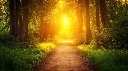 Serene Sunlit Pathway Through Lush Forest