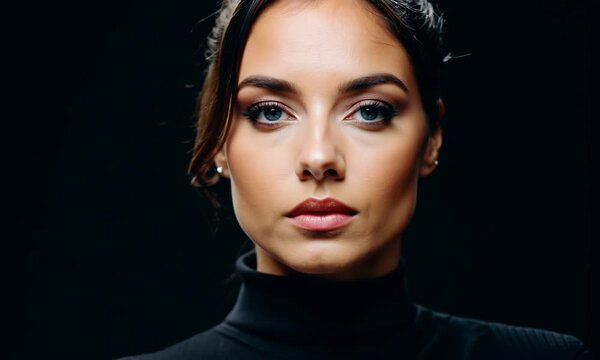 Close-up portrait of a beautiful woman with dark hair and blue eyes, wearing a black turtleneck.