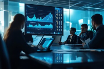 A team of business consultants in a high-end boardroom discussing a company's growth strategy