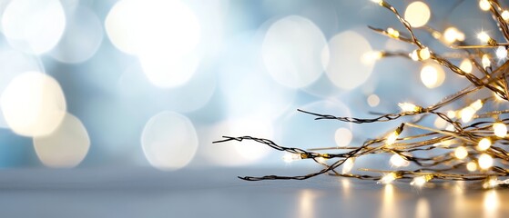  A tight shot of several lit branches against a backdrop of dimmer lights The foreground softly focuses on a blurred array of twinkling lights