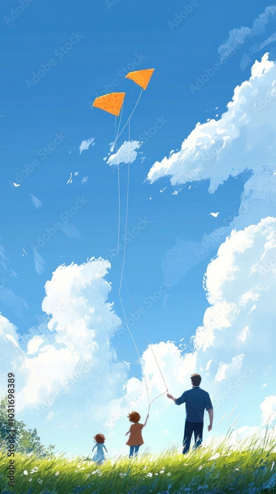 Wall mural a person and a child fly a kite under a bright blue sky with fluffy clouds.