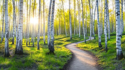 Fototapeta premium A serene forest path illuminated by sunlight through birch trees.