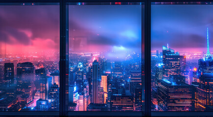 A breathtaking dark cityscape viewed from a high-rise with wide glass window on a foggy night. The city is alive with neon lights in shades of blue, and purple.