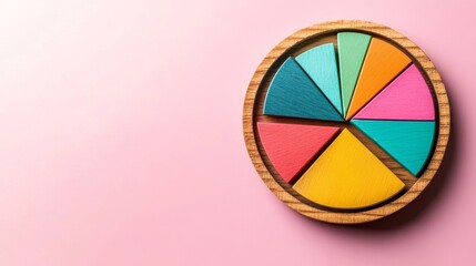 Fototapeta premium Colorful Wooden Pie Chart on Pink Background Business Data Analysis and Strategy