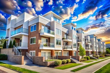 Obraz premium Surreal Three-Story Modern Apartment Complexes with White Roofs Against a Bright Blue Sky