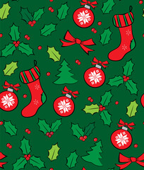 Seasonal seamless pattern with red socks and holly berry. Traditional red and green christmas pattern.