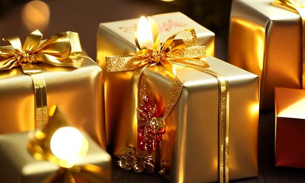 Close-up of three gold gift boxes with gold ribbons and bows against a blurred background of golden lights.
