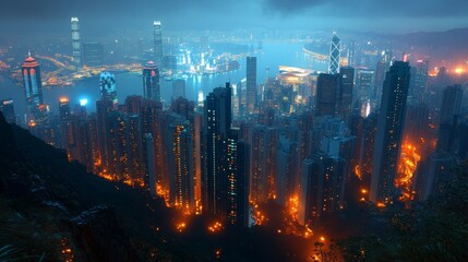 Fototapeta premium Hong Kong Skyline Night View Cityscape Skyscrapers Lights Urban Architecture