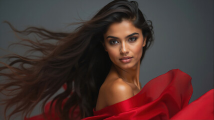 Naklejka premium Beautiful latin woman with long hair flowing in the wind posing in red dress