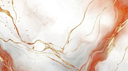Abstract White and Orange Marble with Golden Glitter Veins