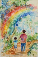 Obraz premium A watercolor painting of a man and child under a vibrant rainbow in a lush, natural setting.