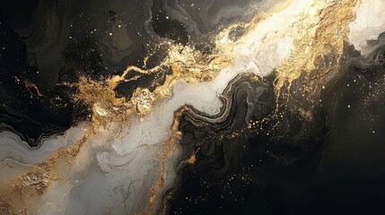 Abstract Swirling Black, White, and Gold Liquid Art