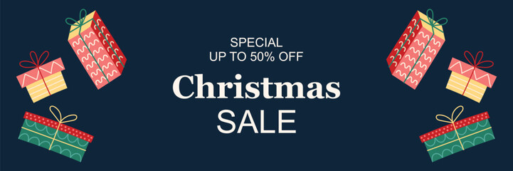 Horizontal Christmas Sale Banner with gift boxes. Greeting card on dark background. Christmas and New Year. Vector illustration.