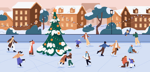 Naklejka premium People skate around Christmas tree with garland on city square. Happy families with kids, couples, friends have fun on ice rink at Xmas, New Year. Outdoor winter activity. Flat vector illustration