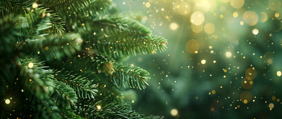 Lush green pine branches with sparkling golden bokeh create a natural holiday background for the Christmas season. 