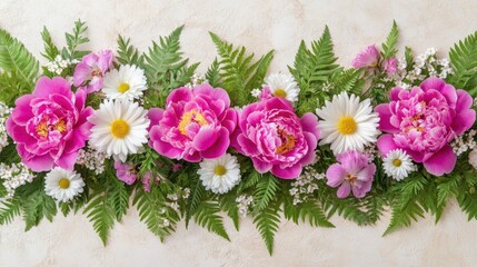 A vibrant floral arrangement featuring pink peonies, daisies, and greenery.