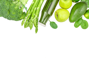 Detox green vegetables with smoothie in glass isolated on white background. Healthy clean vegan eating set. top view